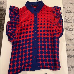 New York & Company Red and Blue Ruffled Blouse